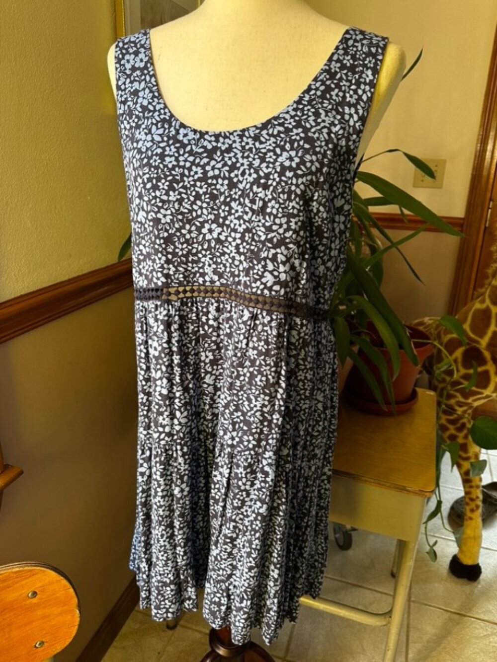 En Creme Summer Floral Tank Dress, Blue, Crochet Inset, Tiered Skirt, VGUC, L